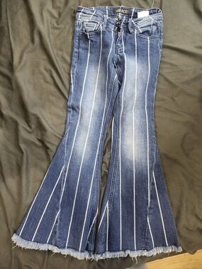 Grace Dark Blue Pinstripe Flare Jeans with Raw Hem
